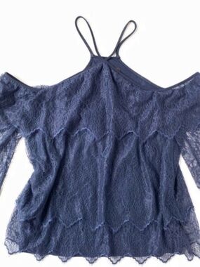 White House Black Market Navy Blue Lace Cold Shoulder Blouse Size Extra Small